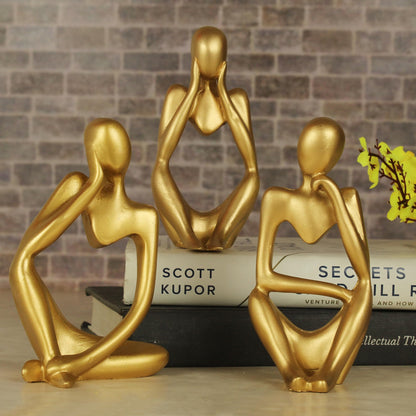 Tied Ribbons Decorative Abstract Thinker Men Statue Set Of 3 Modern Art Showpiece Sculpture (Gold, 13 Cm X 6 Cm) Decoration Items For Home Decor Living Room Bedroom Bookshelf Table Office - Resin