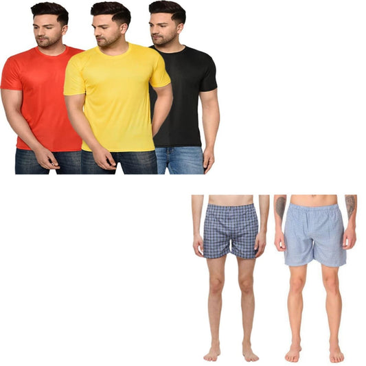 Men's Pack Of -3 Half Sleeves Round Neck T-shirt With Pack Of-2 Men's Boxers